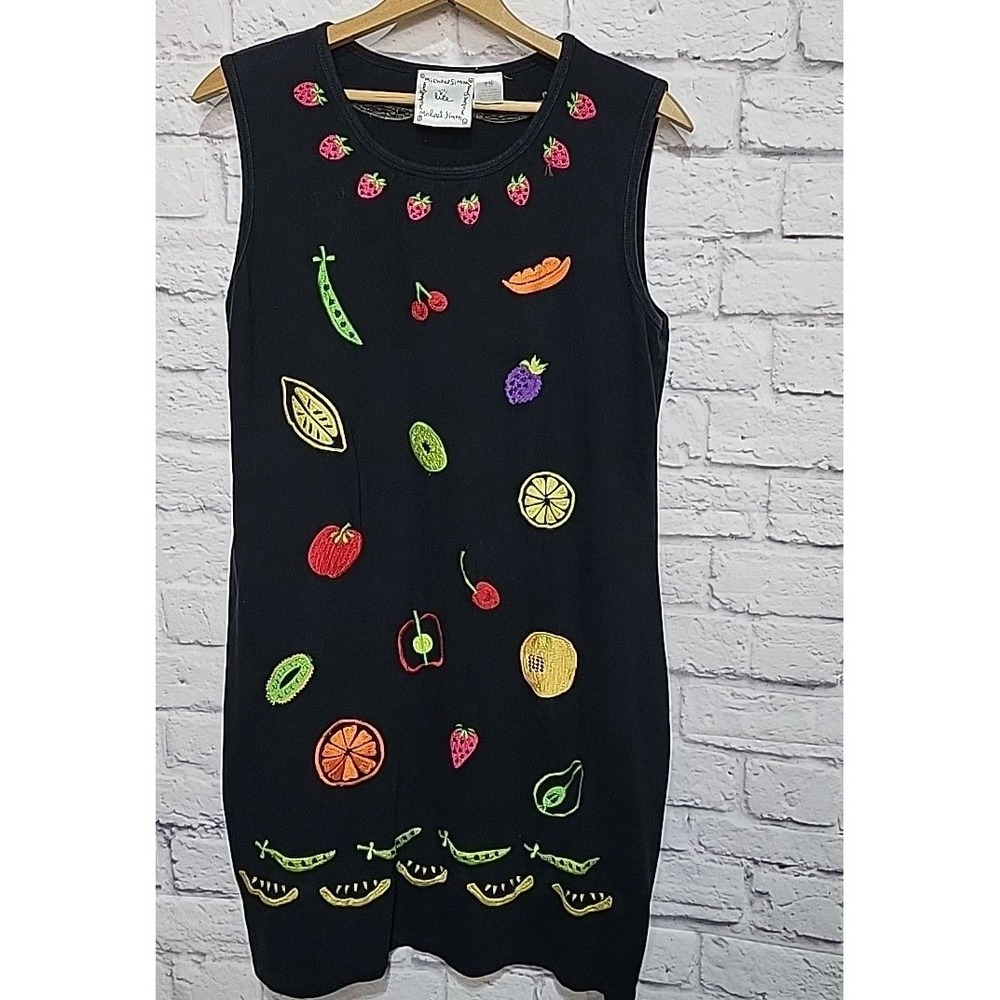 Michael Simon Lite Womens Dress Size Petite Medium Black Embroidered Fruit Veg